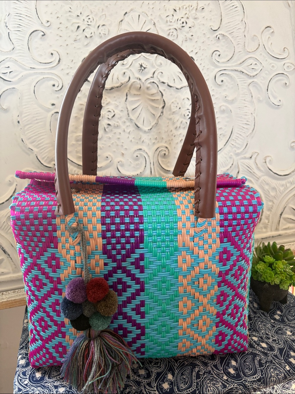 Handwoven Multicolor Tote Bag with Pom Tassel